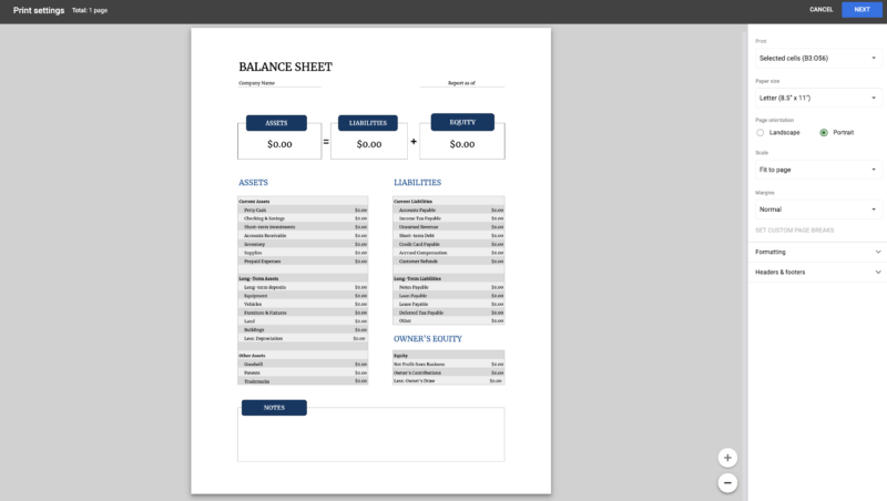 The balance sheet in the print settings window, ready to print on one page.